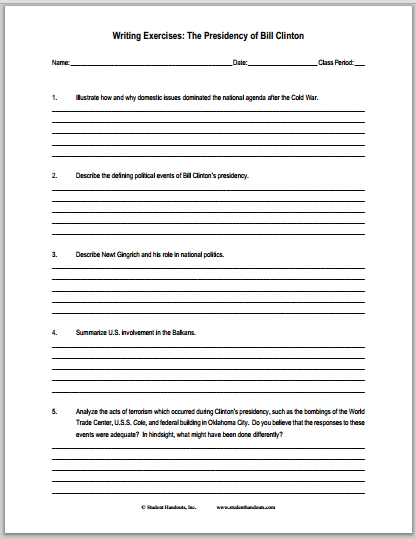 Essay Questions: Presidency of Bill Clinton - Free to print (PDF file) for high school United States History students.
