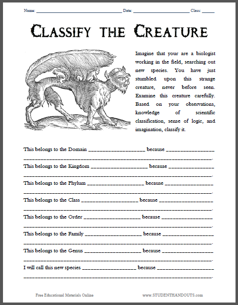 Classify the Creature Worksheet - Free to print (PDF file). For upper elementary Science students.