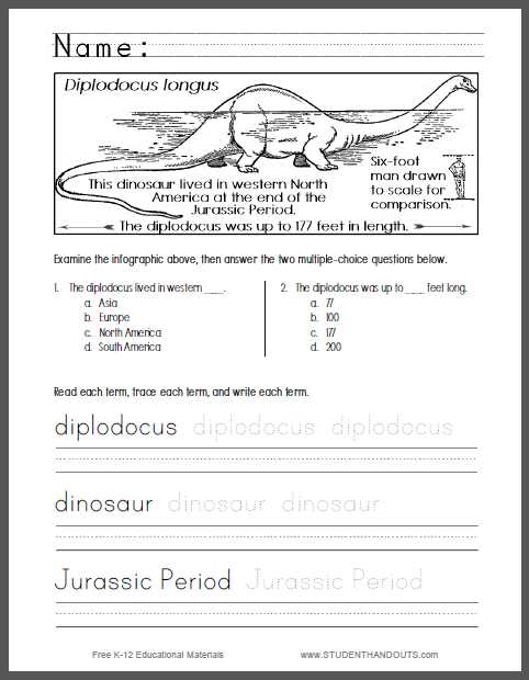 Diplodocus Longus Infographic Worksheet - Free to print (PDF file) for lower elementary Science students.