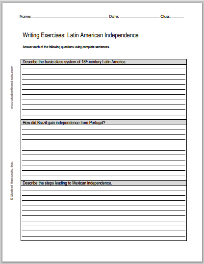 Latin American Independence Writing Exercises - Free printable worksheet (PDF file).