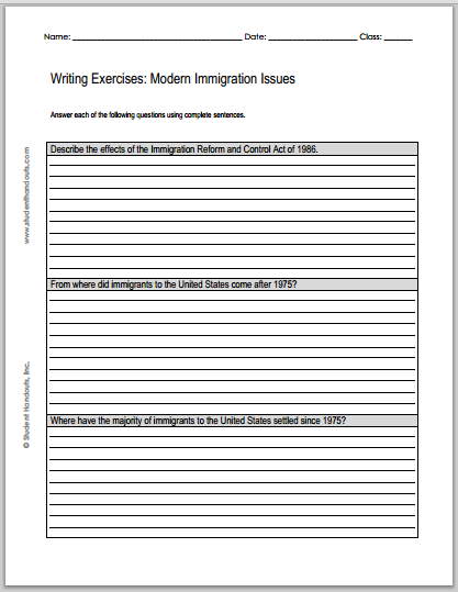 Modern Immigration Issues: Essay Questions - Worksheets are free to print (PDF files) for high school United States History students.