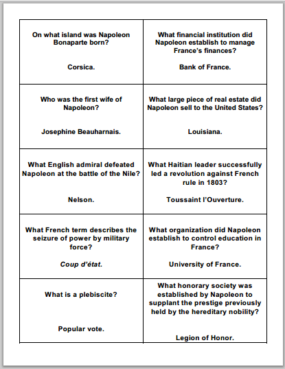 Napoleonic Era Review Cards - Flashcards are free to print (PDF files) for high school World History and European History students.