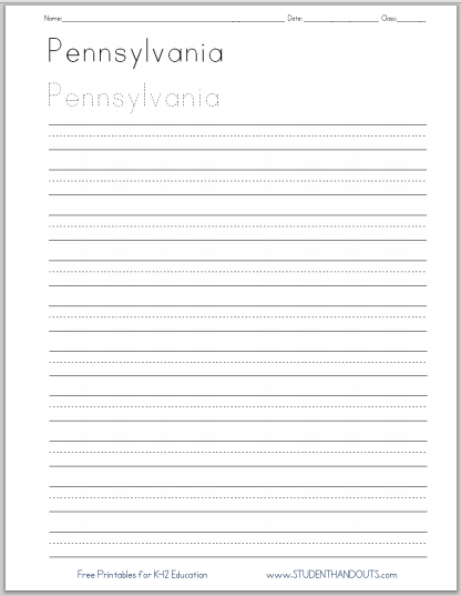 Pennsylvania Writing Practice Worksheet - Available in print or cursive. Free to print (PDF files).