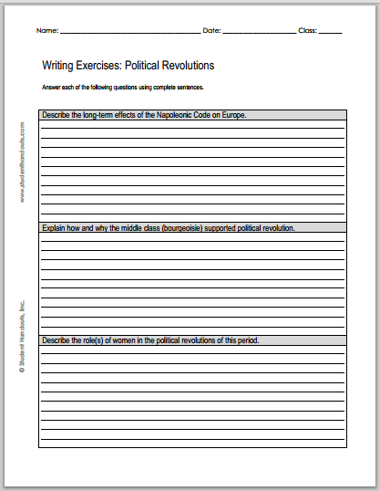 Political Revolutions Essays - Worksheet of questions is free to print (PDF file) for high school World History students.