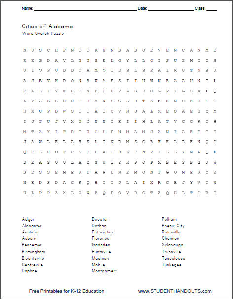 Cities of Alabama Printable Word Search Puzzle Worksheet