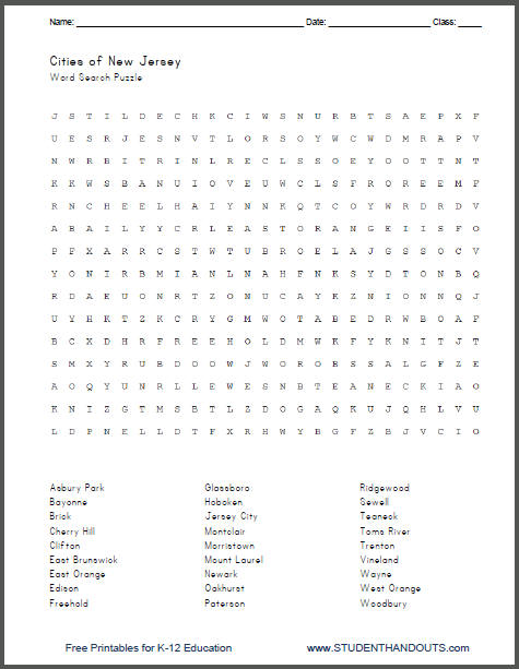 Cities of New Jersey State - Free Printable Word Search Puzzle Worksheet for Kids
