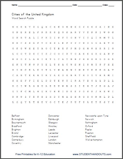 United Kingdom Cities and Towns Free Printable Word Search Puzzle Worksheet for Kids