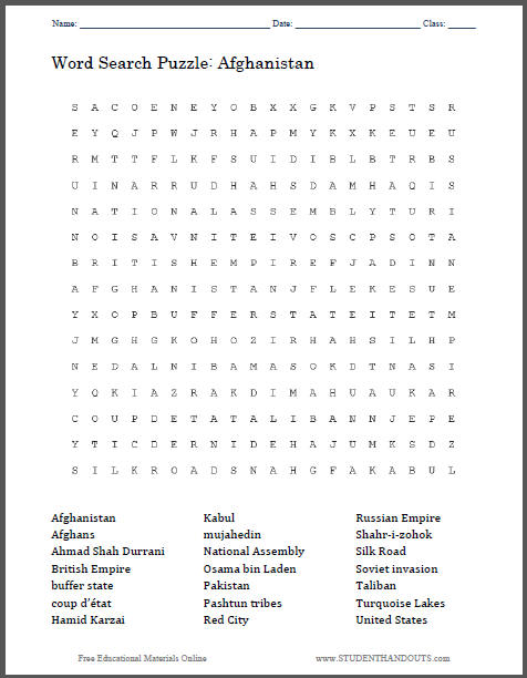 Afghanistan Word Search Puzzle - Free to print (PDF file).