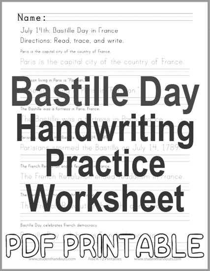 Bastille Day Sentences Handwriting Practice Worksheet - Free to print (PDF file) designed for grades 2-4.