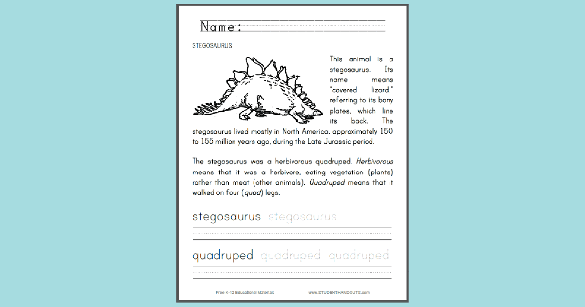 Stegosaurus Worksheet for Kids | Student Handouts