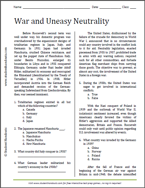 War and Uneasy Neutrality Reading with Questions for High School United States History