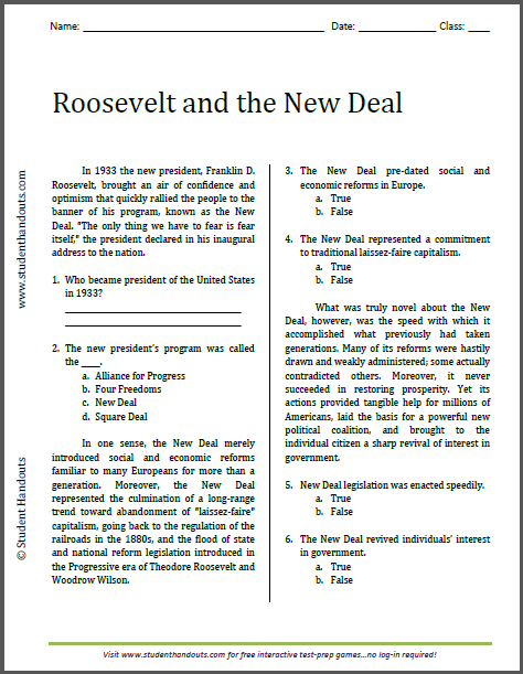 Roosevelt and the New Deal - Reading with Questions | Student Handouts