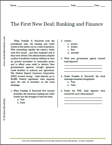 First New Deal: Banking and Finance Reading with Questions for High School United States History