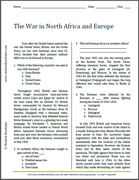 The War in North Africa and Europe - Free printable reading with questions for high school United States History.