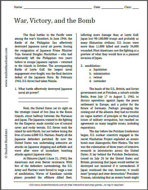 War, Victory, and the Bomb - Free printable reading with questions for high school United States History students. PDF file.