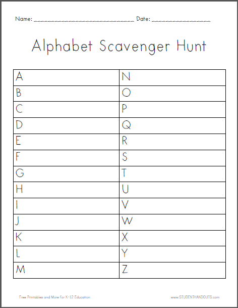 Alphabet Scavenger Hunt Worksheet - Free to print (PDF file).