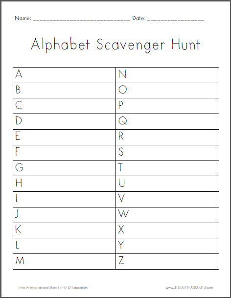 Alphabet Scavenger Hunt Worksheet Student Handouts