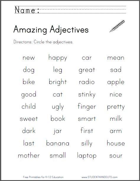 Amazing Adjectives Worksheet Student Handouts