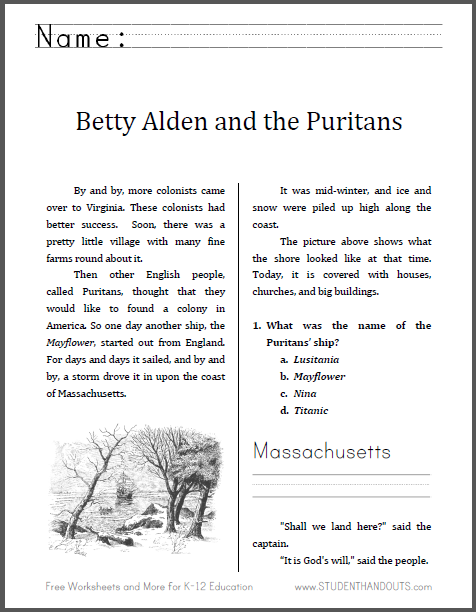 Betty Alden and the Puritans - History workbook for lower elementary. Free to print (PDF file).