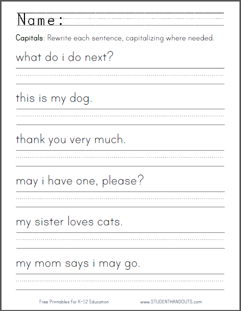 Capitalization Worksheet - Free to print (PDF file) for kindergarten and first grade.