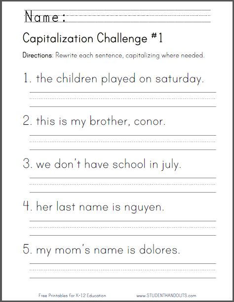 Capitalization Challenge Worksheets - Free to print (PDF files) for lower elementary ELA: English Language Arts students.