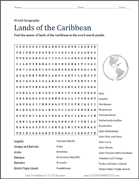 Caribbean Lands Word Search Puzzle - Free to print (PDF file).