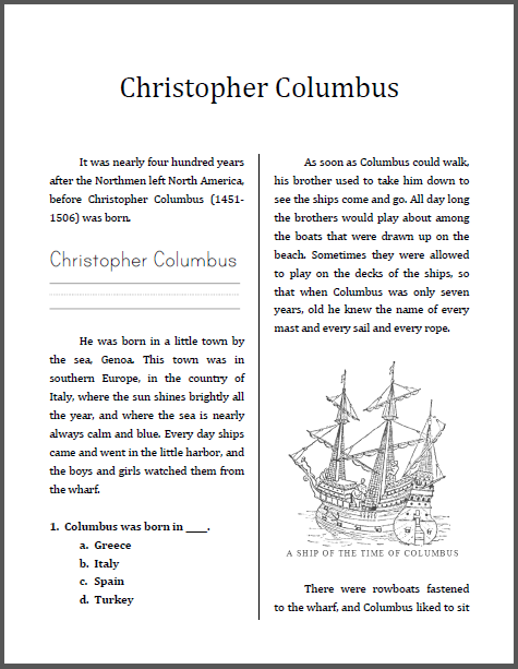 Christopher Columbus Workbook - For lower elementary students. Free to print (PDF file).