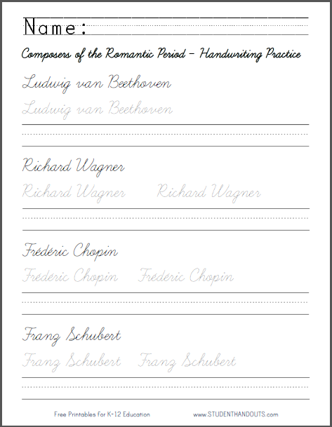 Romantic Period Composers - Cursive Script or Print Manuscript Handwriting Practice Worksheet