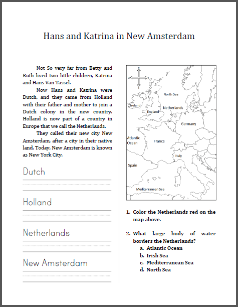 Hans and Katrina in New Amsterdam - Free printable workbook for lower elementary.