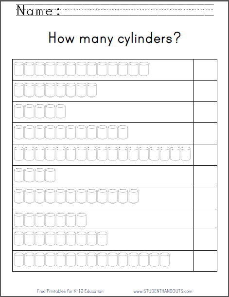 Cylinders Counting Worksheet - Free printable kindergarten worksheet (PDF file). How many cylinders?