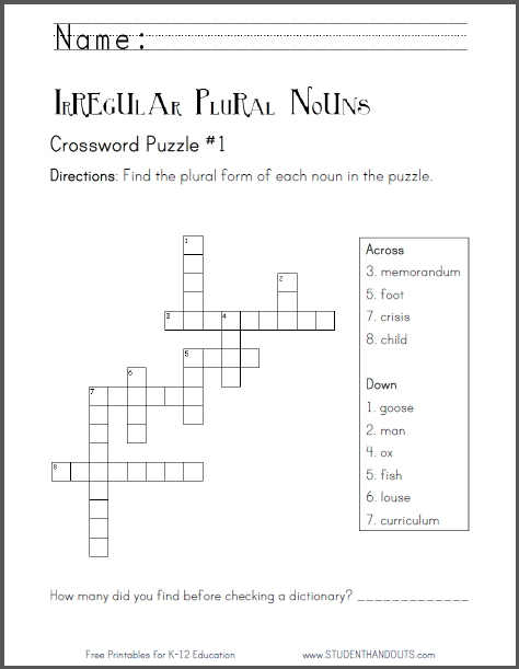 Irregular Plural Nouns Crossword Puzzles - Free to print (PDF files) for lower elementary students.