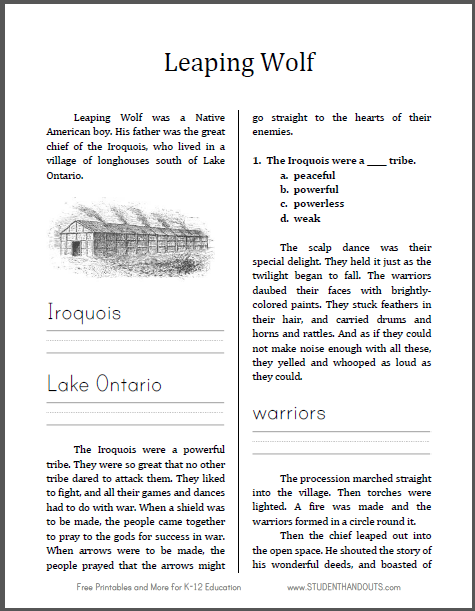 Leaping Wolf of the Iroquois Workbook for Kids - Free to print (PDF file).