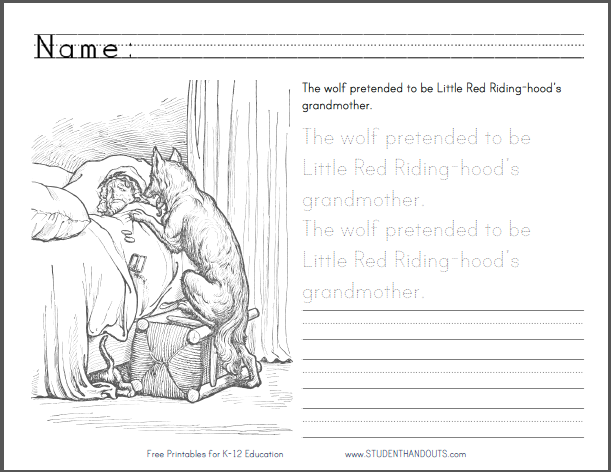 Little Red Riding-hood eBook with Worksheets - All are free to print (PDF files). Coloring, handwriting and spelling practice.