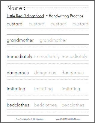 Little Red Riding-hood eBook with Worksheets - All are free to print (PDF files). Coloring, handwriting and spelling practice.