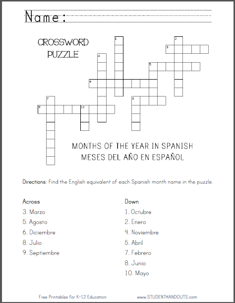 Spanish Months Crossword Puzzle - Free to print (PDF file).