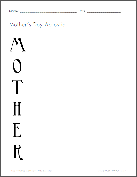 Mother's Day Acrostic Poem Worksheet - Free to print (PDF file).