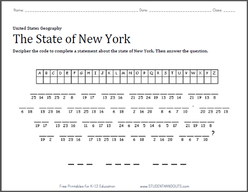 New York: Decipher the Code Puzzle Worksheet - Free to print (PDF file) for grades four and up.