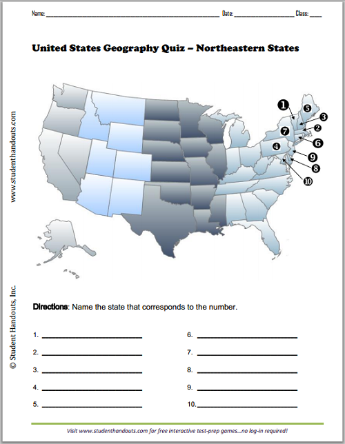 Northeastern States Map Worksheet - Free to print (PDF file). Identification map work for grades four and up.