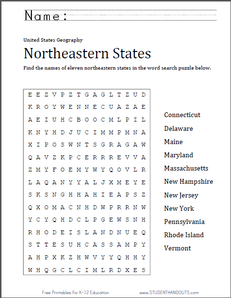 Northeastern States (USA) Word Search Puzzle - Free to print (PDF file) for grades four and up.