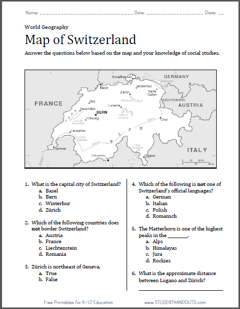 Map of Switzerland Worksheet - Free to print (PDF file).