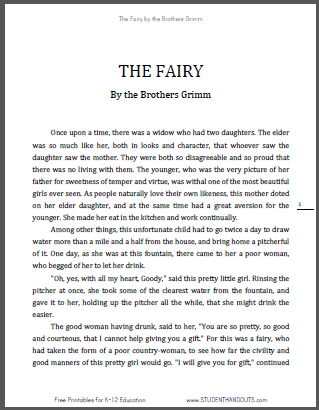 "The Fairy" by the Brothers Grimm - eBook with Worksheets - Free to print (PDF files).