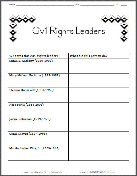 Civil Rights Leaders Table Graph/Chart Worksheet for Grade 2 CCSS Social Studies