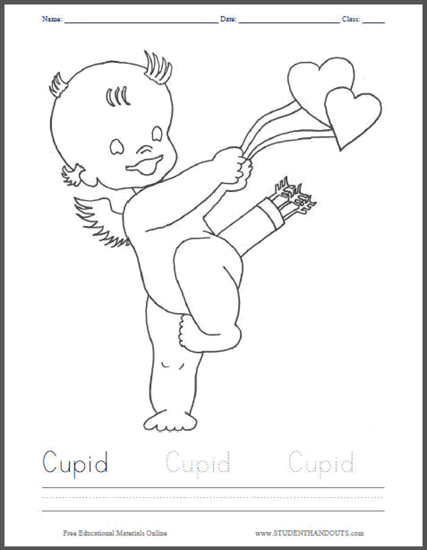 Cupid Coloring Sheet for Kids - Free to print (PDF file). Includes print manuscript handwriting practice.