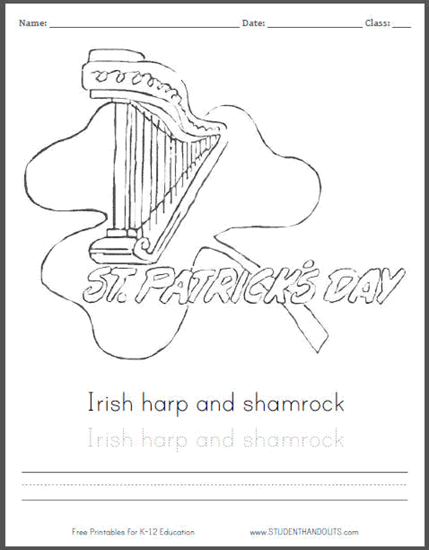 Irish Harp and Shamrock Coloring Sheet for Kids - Free PDF to print for K-12 teachers and students.