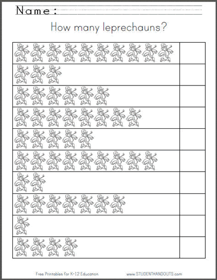 How many leprechauns? Free printable 1-10 counting worksheet for kindergarten. PDF file.