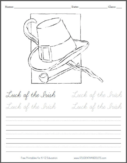 Luck of the Irish Printable Coloring Page for Kids - Free to print (PDF file). Includes handwriting practice.