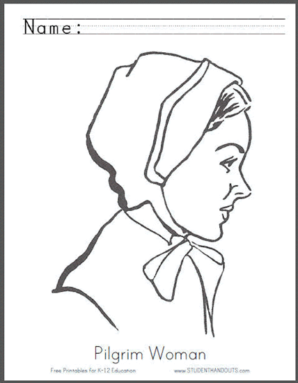 Printable Pilgrim Woman Coloring Page Worksheet for Kids to Celebrate Thanksgiving Day - Free to print (PDF file).