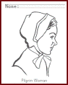 Free Printable Pilgrim Woman Coloring Page Worksheet for Kids to Celebrate Thanksgiving Day