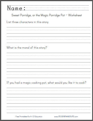 Sweet Porridge Fairy Tale Questions Worksheet