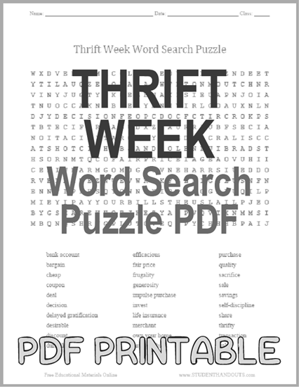 Thrift Week Word Search Puzzle - Free to print (PDF file).